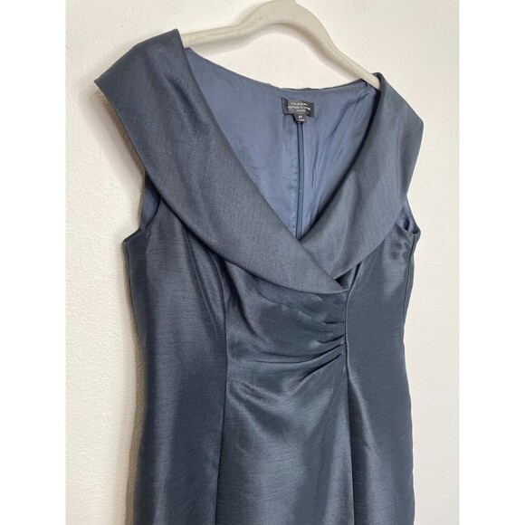 Tahari ASL Size 8 Surplice Ruched Sheath Dress Navy Blue Satin Portrait Collar - Picture 4 of 13